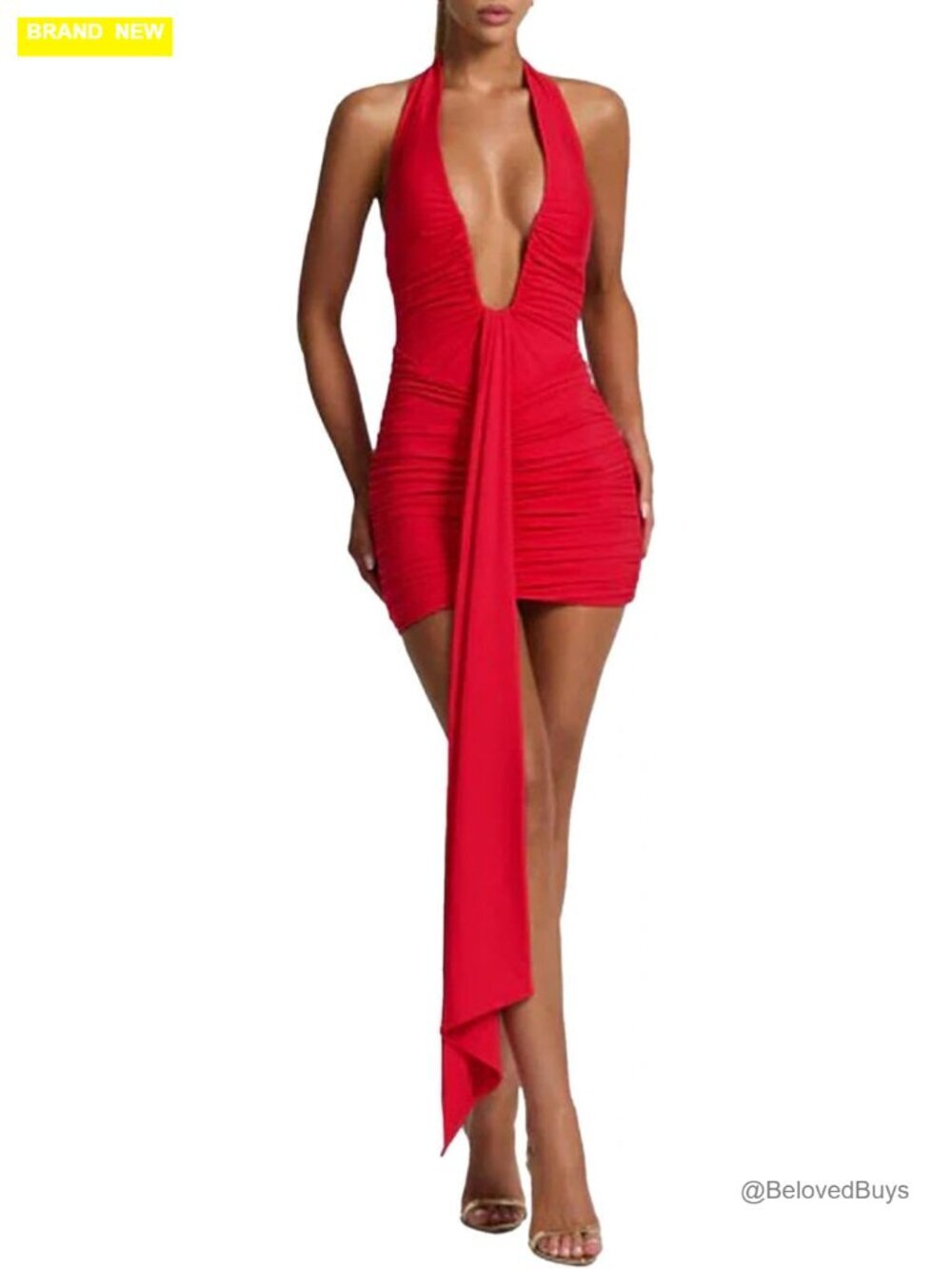 Deep V Neck Ruched Mini Dress Backless Halter Party Night Out